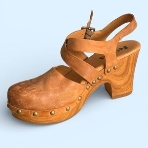 Kork-Ease Tan Leather Mules with Wooden Heel